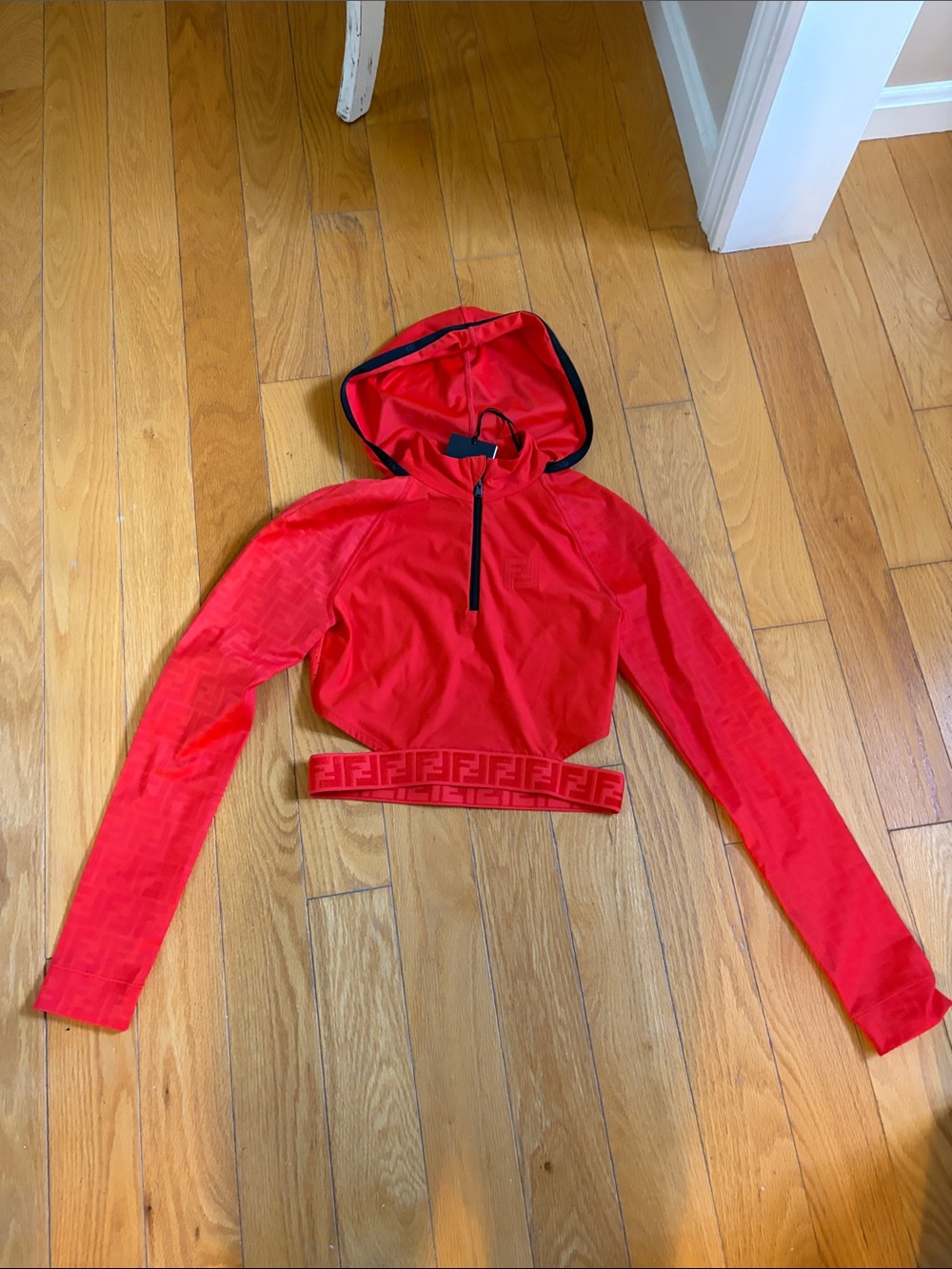 Fendi Red Cropped Hooded top with Logo Waistband